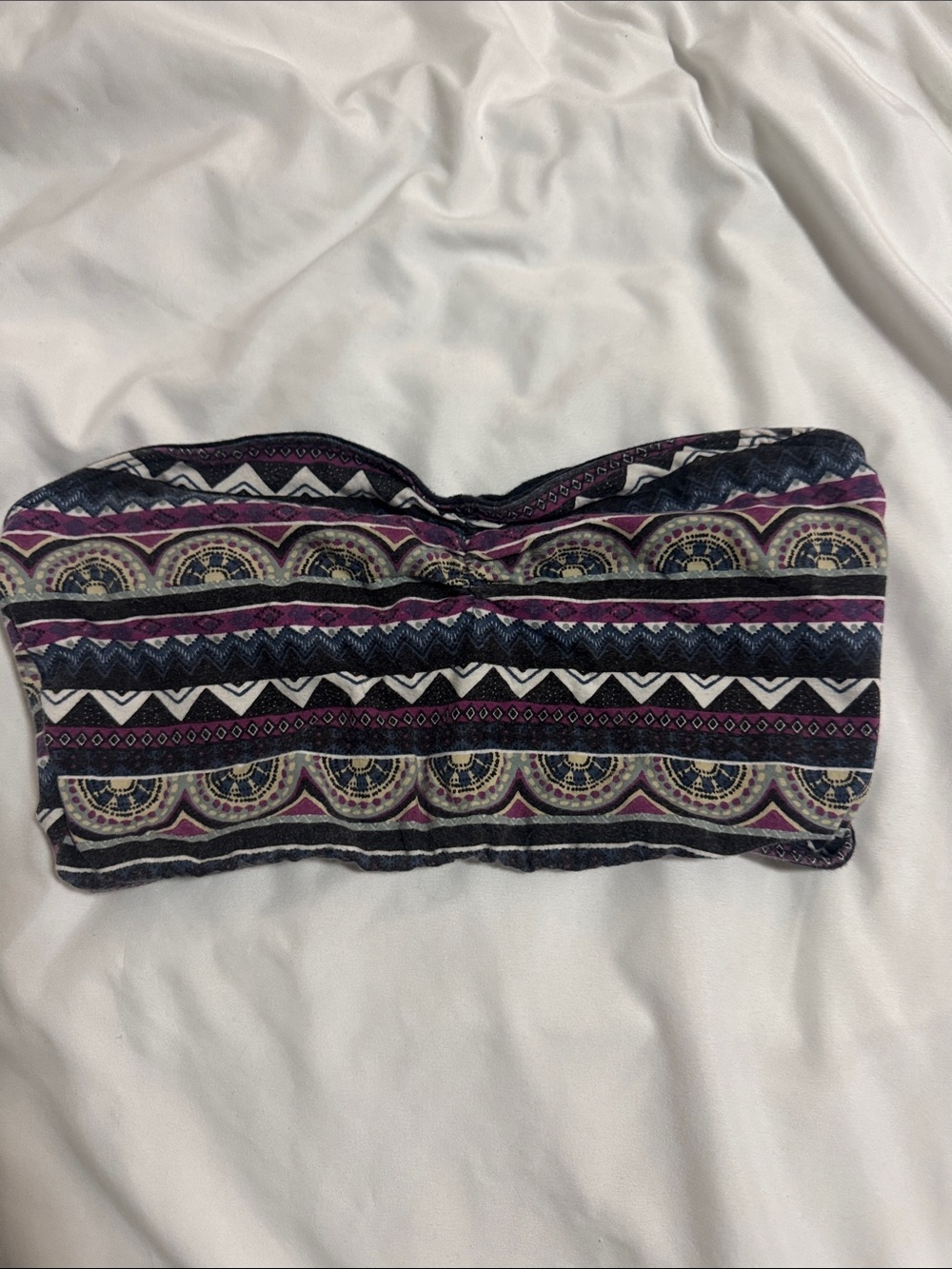 Nollie Strapless Patterned Bandeau Crop Top in Navy, Purple, Cream